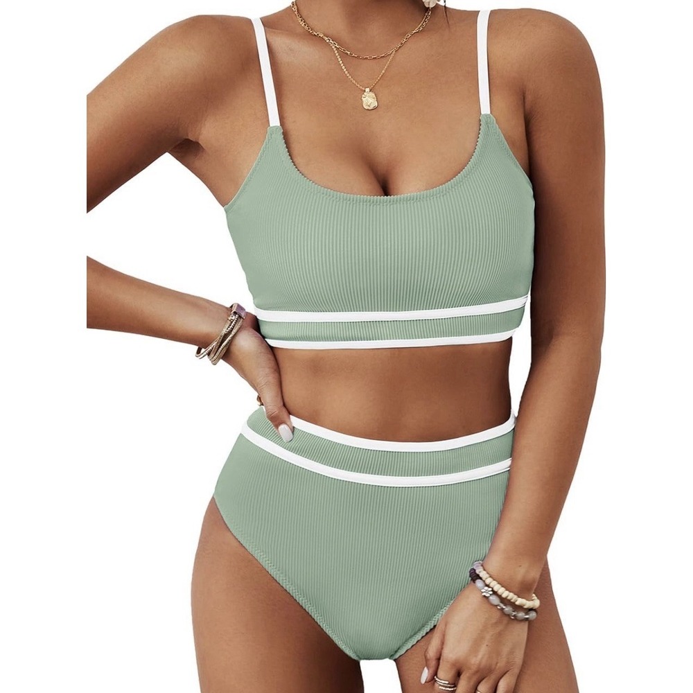 BMJL Women's High Waisted Ribbed Two-Piece Bikini Swimsuit Sage Green Size S NWT